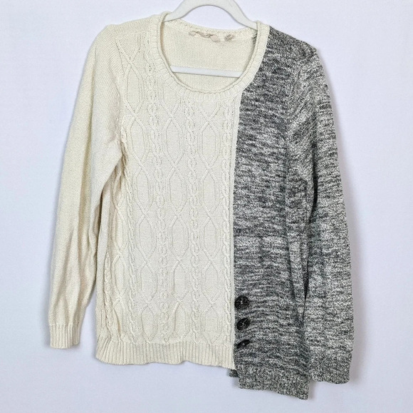 Soft Surroundings Adieu Button Sweater Two Tone Cable Knit Fisherman Boho Cotton - Picture 2 of 8